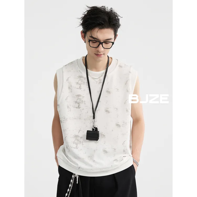 [废土风无袖设计]BJZE夏季圆领背心t恤雅痞帅气吊带T恤男Q521215