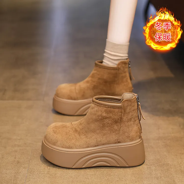 真皮加绒保暖短靴女款2025新款冬季时尚百搭厚底增高小个子瘦瘦靴