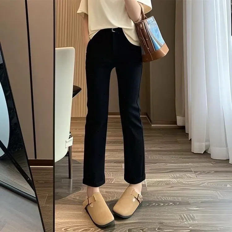 牛仔裤女2025夏季新款韩版高腰弹力显瘦大码直筒黑白色烟管裤子