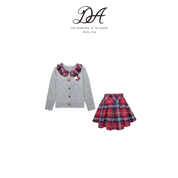 Dolly Ave「少女系列」定制羊毛混纺复古格纹撞色时尚女童半裙套装