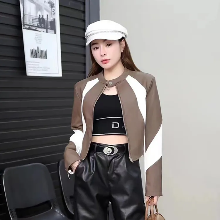 【爆款】美式拼接短款pu外套女秋冬2025新款高级感小个子复古机