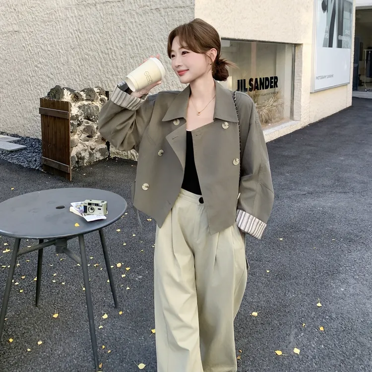 卡其绿短款风衣女小个子春秋季2025新款韩系风格穿搭chic气质外套