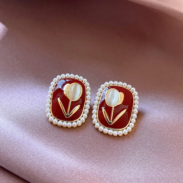 铜合金耳饰 高级感红色郁金香耳钉女2025新款早春耳环新年耳饰潮