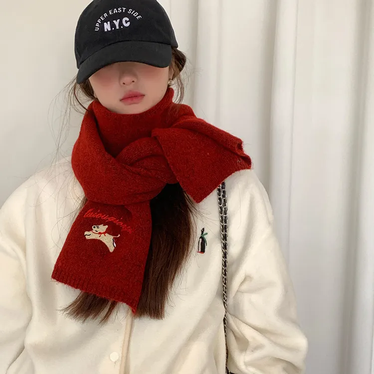 含羊毛韩系女生可爱小狗刺绣小围巾女保暖护颈2025冬季百搭围脖潮