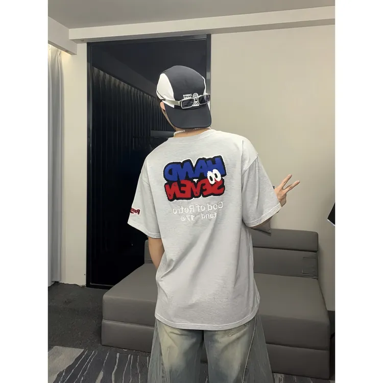 HandSeven重磅宽松圆领美式潮牌刺绣卡通设计感时尚休闲百搭t恤