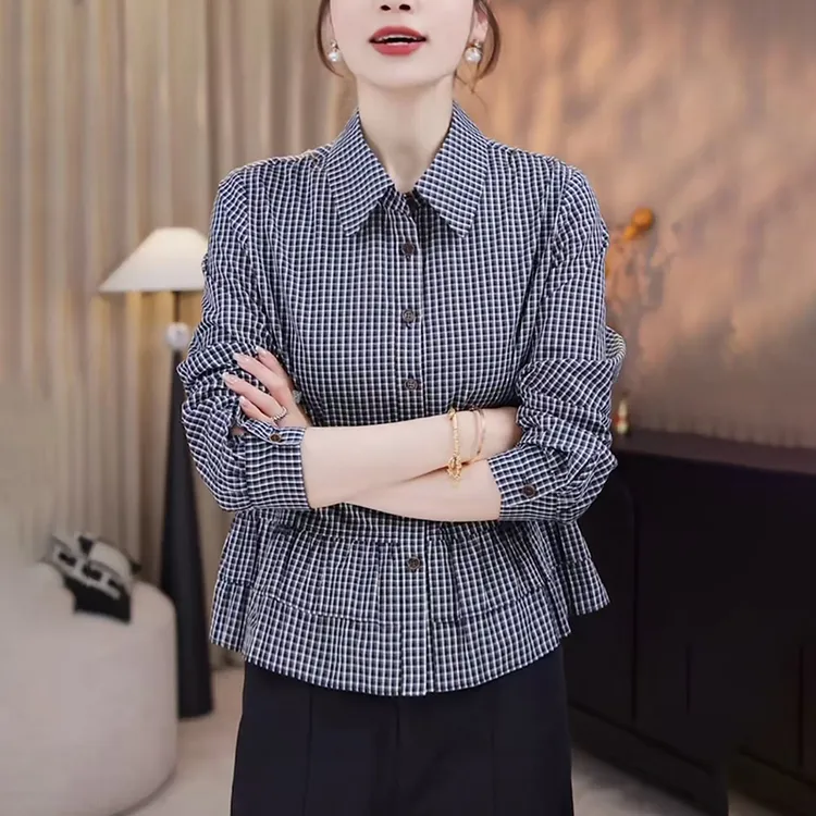 2025秋季新款格子长袖衬衫女高级感洋气减龄内搭叠穿打底衫上衣