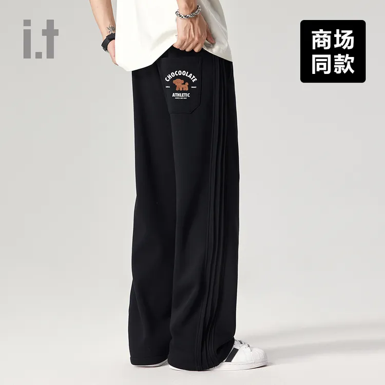 I.T旗下CHOCOOLATE秋季直筒黑色卫裤男女同款印花弹力休闲长裤子
