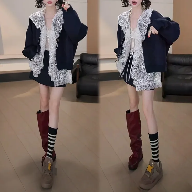 港风复古时髦套装女春秋新款棒球服外套蕾丝内搭衬衫半身裙三件套