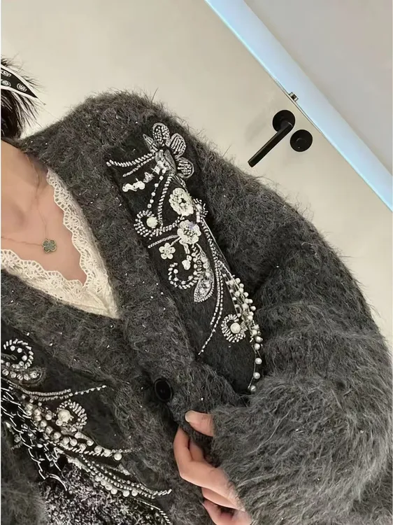 重工亮片设计感串珠厚毛衣外套5125#