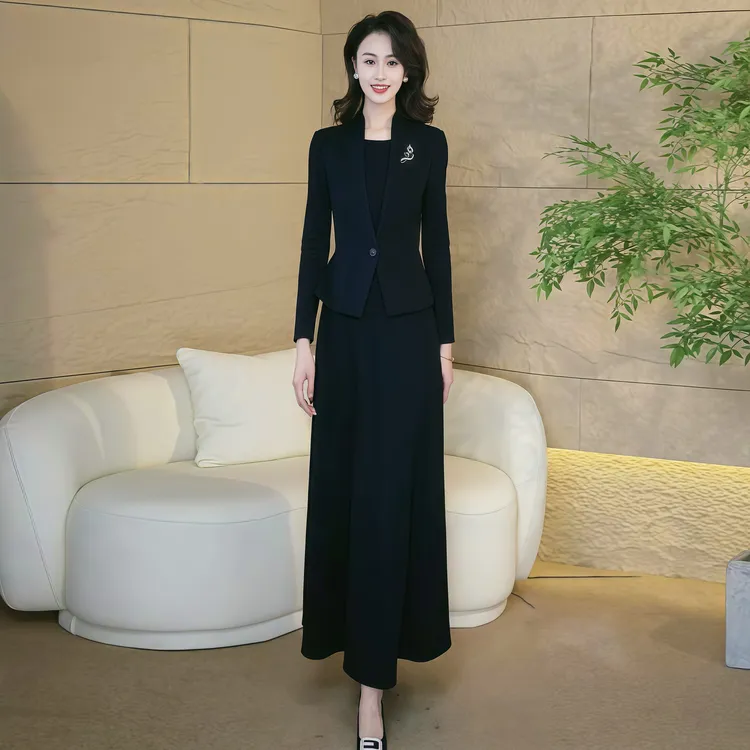 气质大方正式场合连衣裙2025秋冬新款收腰显瘦假两件高端长裙3062
