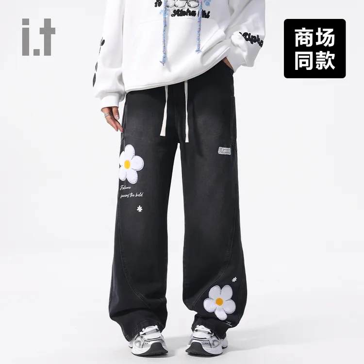 I.T潮牌CHOCOOLATE印花logo黑灰色嘻哈街头复古休闲牛仔长裤男女