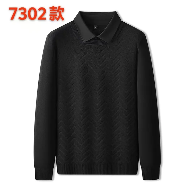 男士加肥加大时尚大码宽松翻领秋季商务休闲针织毛衣长袖假两件FP