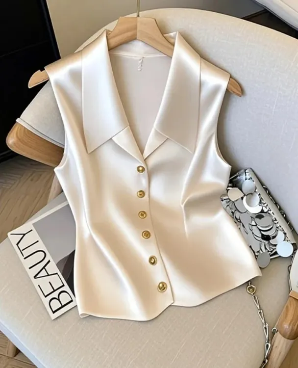 法式气质v领无袖缎面马甲背心女2025夏季独特绝美小衫高级感上衣