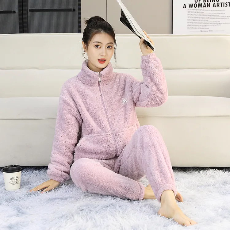 Y8851秋冬季睡衣女加绒宽松长袖保暖大码休闲家居服套装