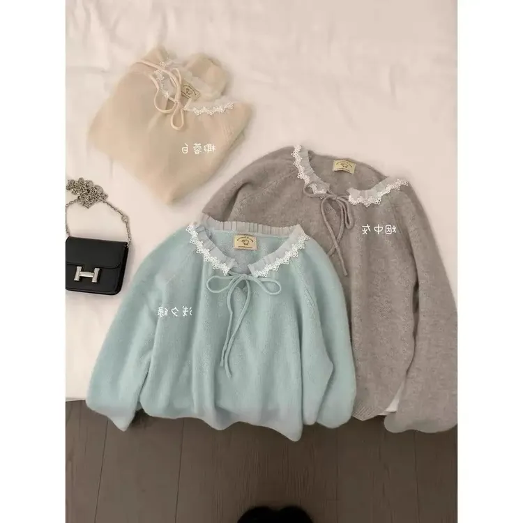 温柔风蓝色蕾丝拼接系带软糯毛衣女秋冬新款甜美奶fufu长袖针织衫