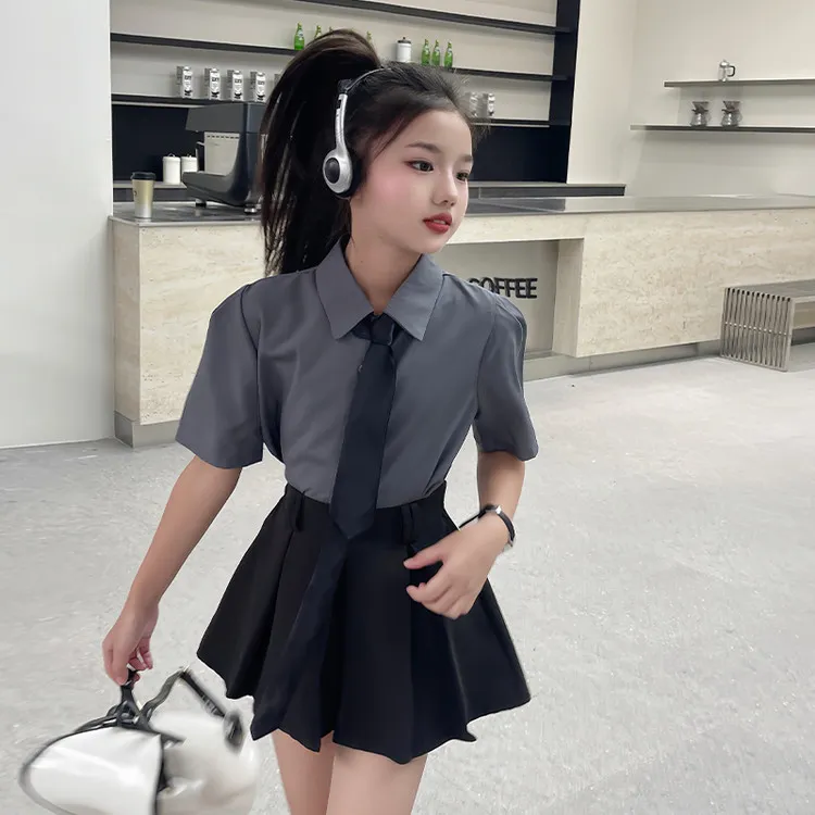 女童短袖衬衫半身裙套装2024夏款大童T恤jk学院风百褶短裙两件套9