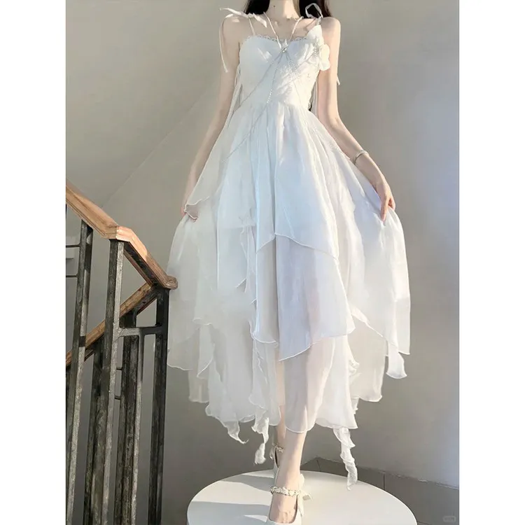 CherryKitty月光白裙夏季希腊风海边仙女白月光感亮纱雪纺长裙子