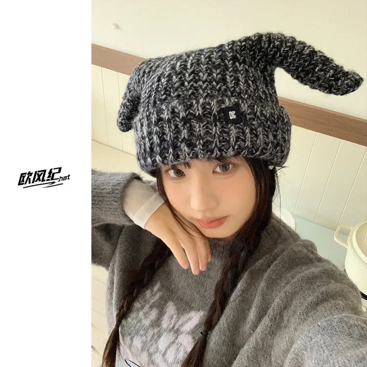 小众牛角恶魔可爱耳朵针织帽女街头时尚亚文化毛线帽子男女潮秋冬