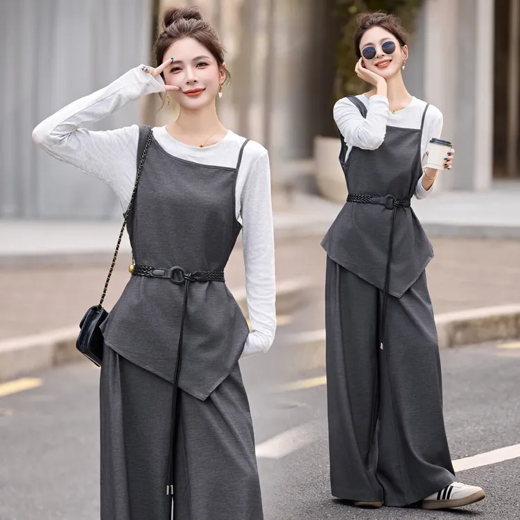 设计感小众吊带背心套装女2025春秋新款休闲时尚T恤阔腿裤三件套