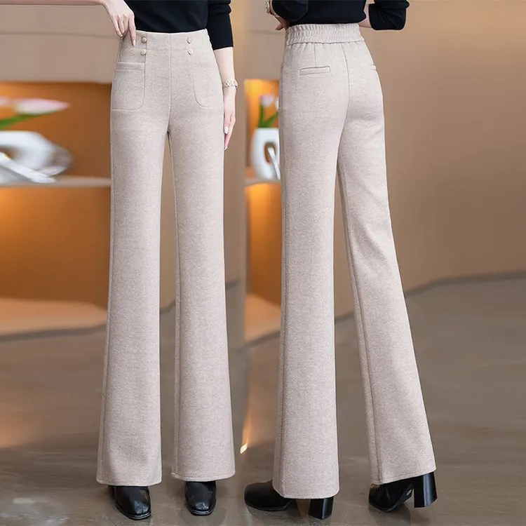 啄木鸟高档窄版羊毛呢喇叭裤女秋冬款加绒加厚高腰呢子直筒微喇裤