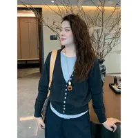 WenWen小个子2025秋季新款韩版撞色拼接假两件羊针织衫上衣4358