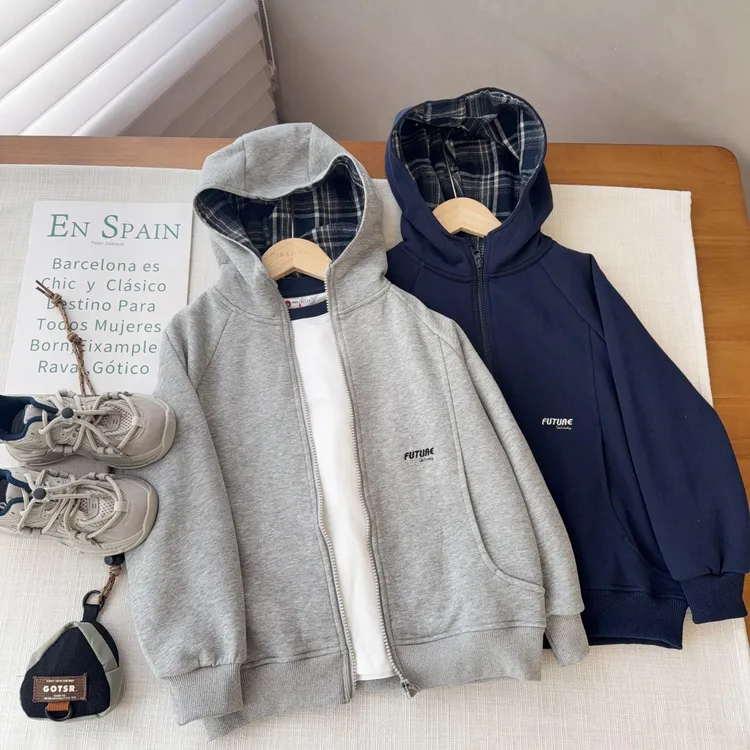 儿童拼色款运动外套春秋新款休闲中大童棉感拼格子拉链帽衫25546