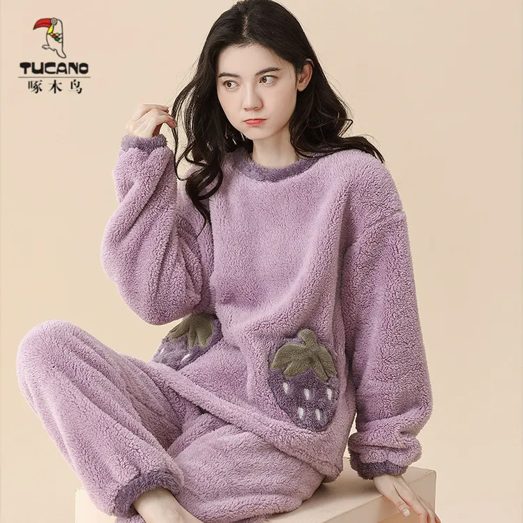 啄木鸟紫色珊瑚绒睡衣套装女冬季加绒加厚保暖可外穿卡通可爱家居