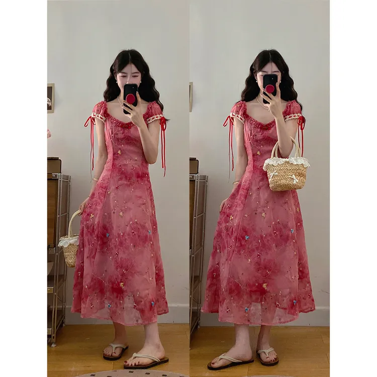 实拍～大码女装玫红色扎染刺绣长款方领收腰吊带连衣裙夏法式裙子