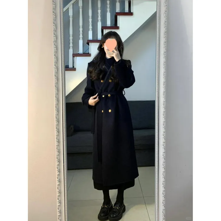 韩版立领毛呢高级感气质大衣中长款宽松双排扣系带毛呢外套女