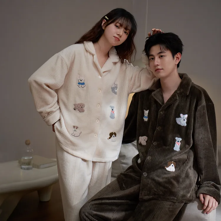 马克公主法兰绒情侣睡衣女冬季可爱小狗加厚加绒卡通秋冬家居服男