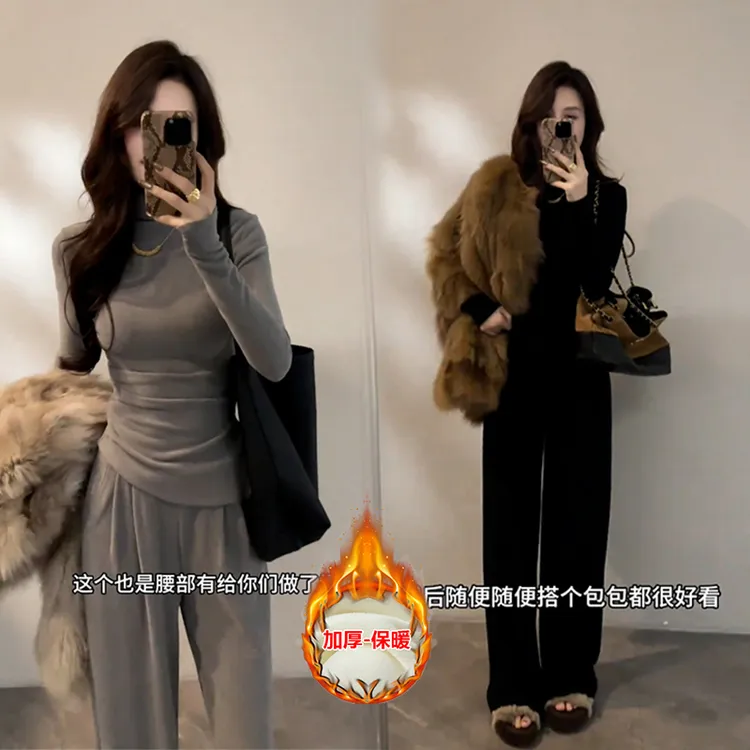 秋冬新款韩版半高领纯色捏褶长袖上衣今年流行修身显休闲裤套装