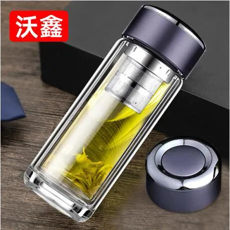 沃鑫双层玻璃杯带盖大容量水杯男女家用便携过滤泡茶杯车载杯定制