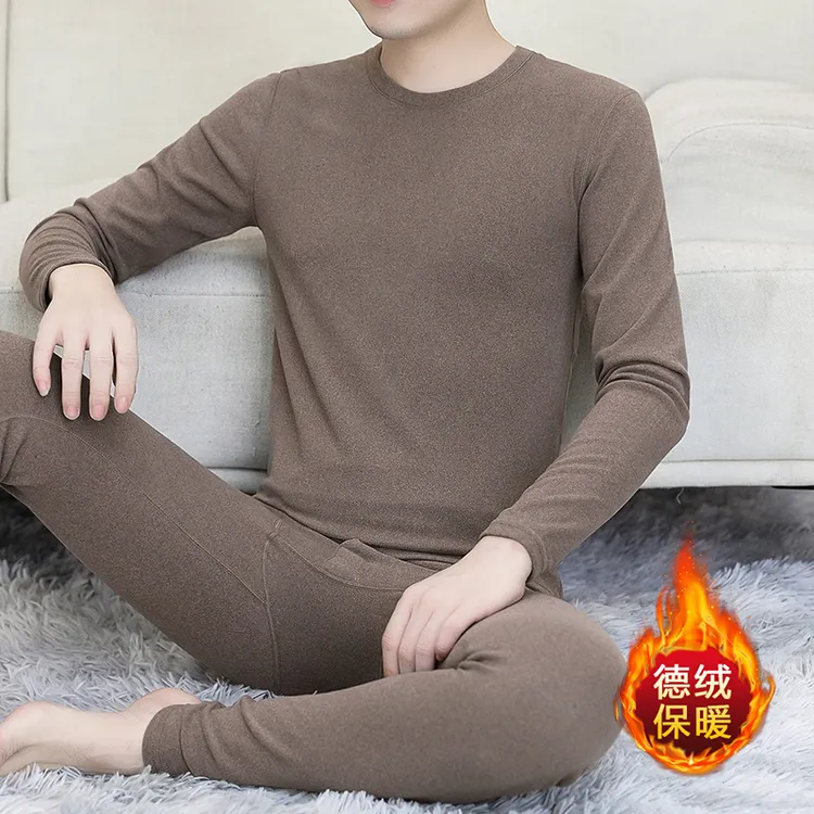 男士圆领德绒保暖套装双面磨毛高弹双面德绒男生秋衣秋裤保暖衣男