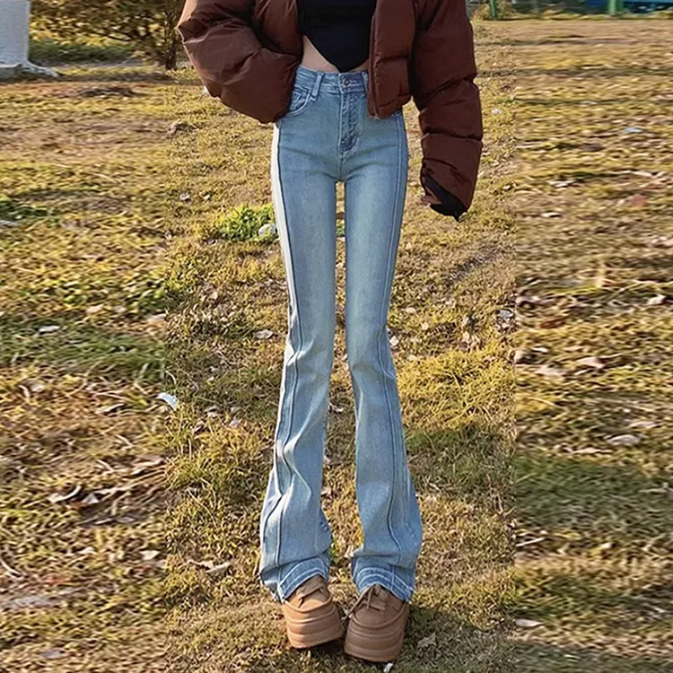 复古微喇叭牛仔裤女高腰显瘦弹力修身梨型身材大码胖mm马蹄长裤子