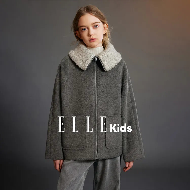ELLE KIDS童装 大翻领毛呢外套女童冬季新款法式撞色绣花上衣D4