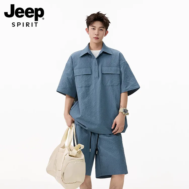 吉普时尚休闲运动短袖衬衫套装男夏季宽松翻领两件套帅气男生穿搭