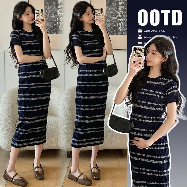 孕妇夏装时尚洋气宽松2025春夏新品法式辣妈条纹针织中长款连衣裙