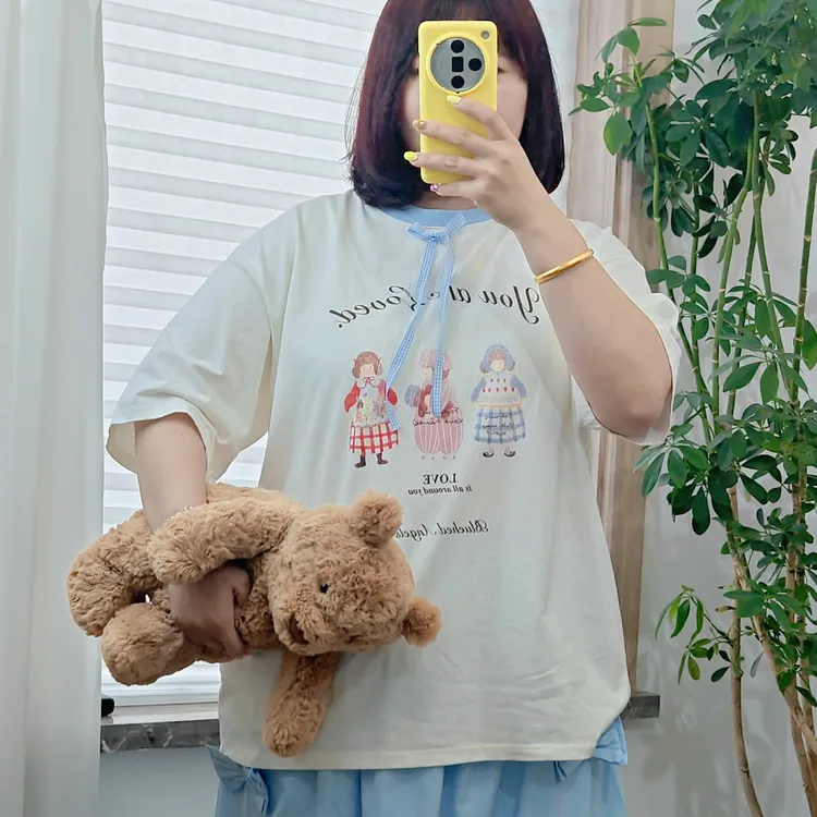 韩系宽松型大码猫咪印花T恤蝴蝶结蓝领圆领可爱的你韩系短袖