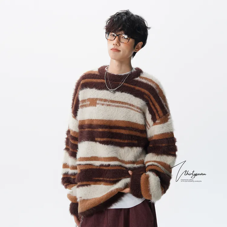 美式复古仿马海毛毛衣男款秋冬慵懒风针织衫内搭宽松情侣圆领外套