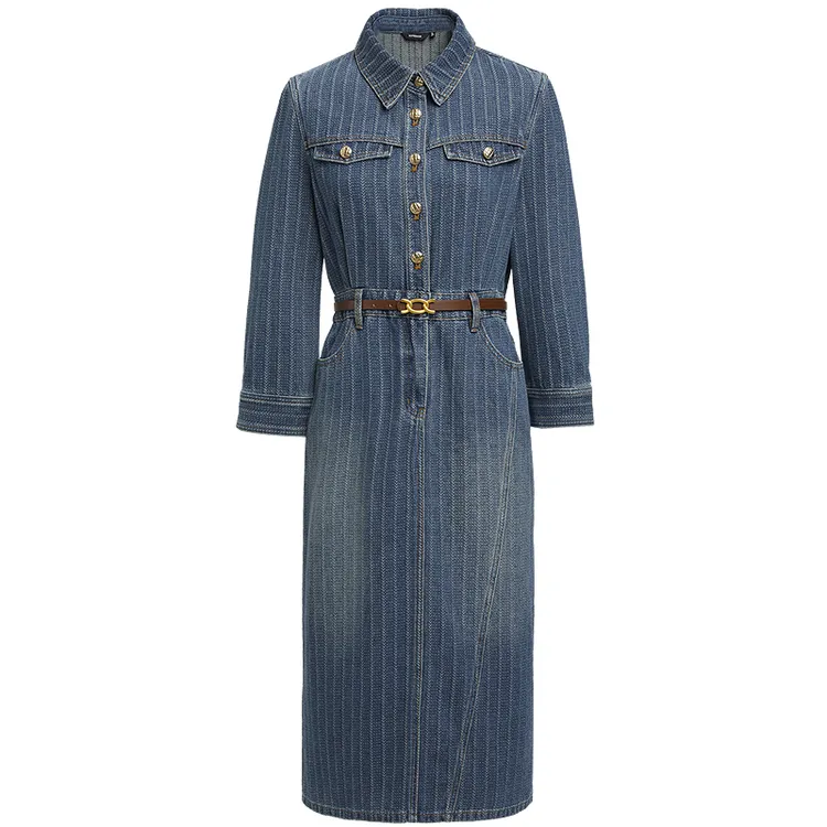 红袖秋季新款女装 复古后开叉翻领套头牛仔连衣裙89124261607