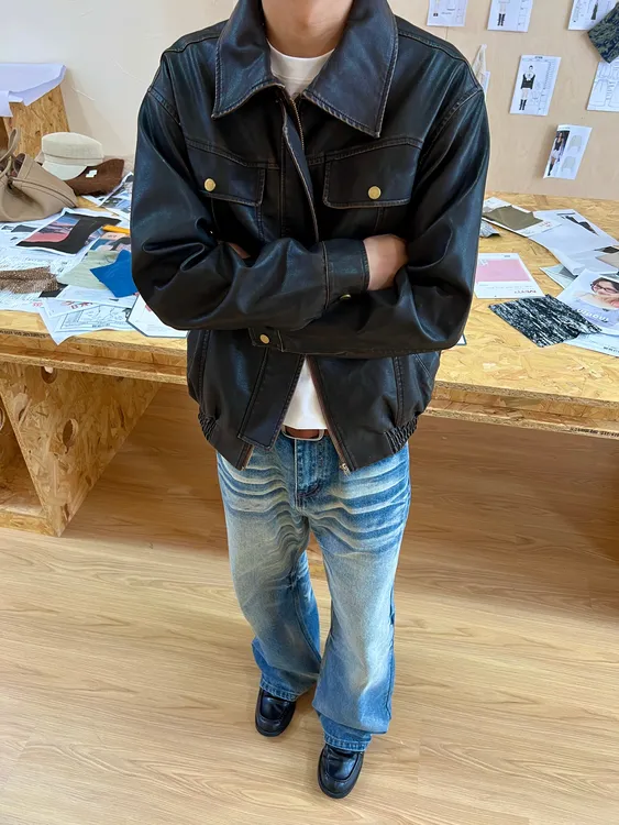 棕色皮衣复古洗褪做旧宽松廓形重磅擦色皮衣boxy夹克外套情侣男