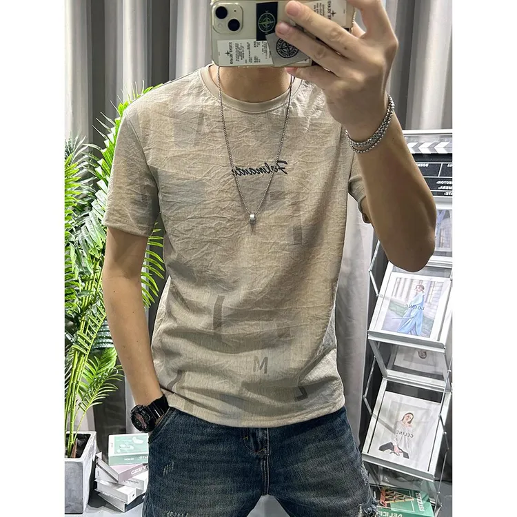 天丝麻棉短袖夏季凉感t恤男青年薄款半袖流行修身圆领麻料体恤衫