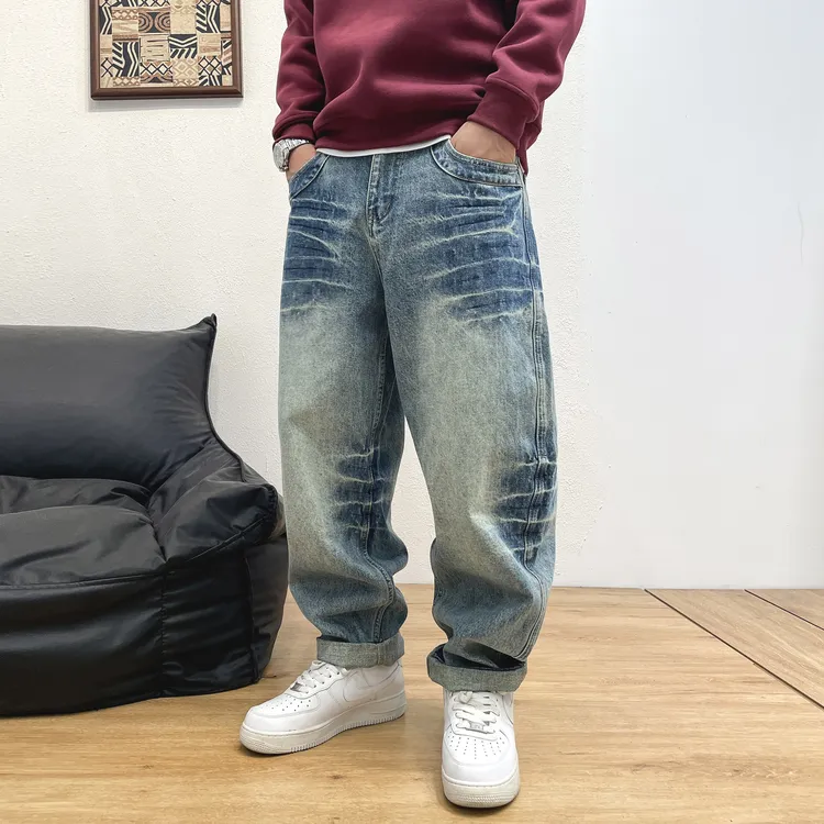 美式潮牌潮流秋冬款宽松微锥牛仔裤男高街痞帅直筒弯刀哈伦阔腿裤
