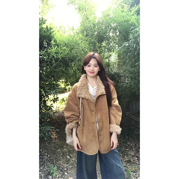 韩系氛围感复古皮毛一体外套女秋宽松休闲百搭上衣裤子时尚两件套