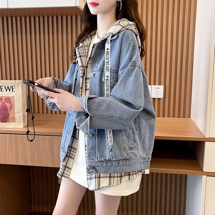 春秋新款韩版慵懒风设计感假两件连帽牛仔外套