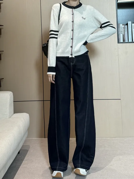 秋冬加绒高腰显瘦遮肉垂顺直筒时尚休闲百搭丹宁蓝牛仔裤AMG200