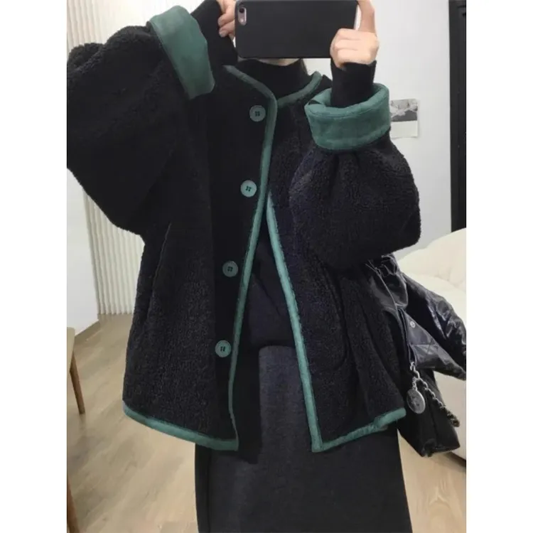 大码300斤韩系撞色拼接羊羔毛外套女秋冬新款宽松慵懒风加厚上衣