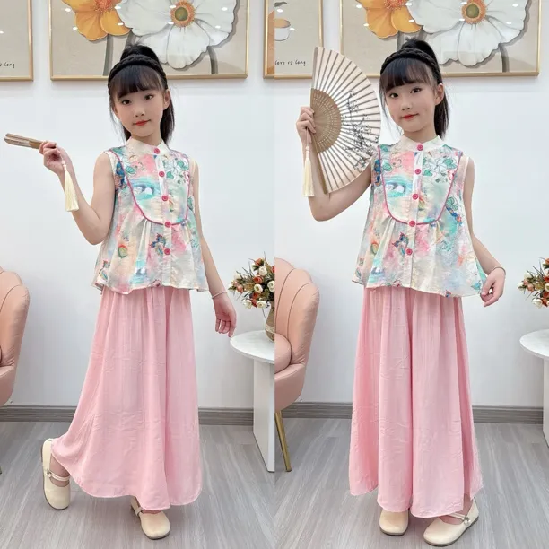 女童夏季新款国风套装中大童女孩新中式休闲无袖背心阔腿裤两件套