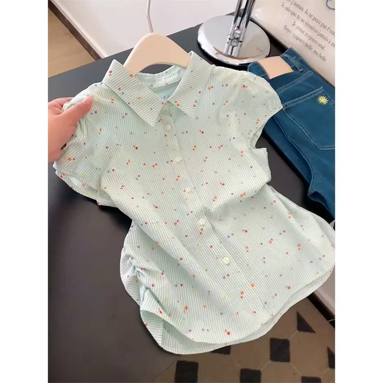 绿色条纹polo衫翻领短袖衬衫女夏季短款设计感小众薄款冰丝上衣服