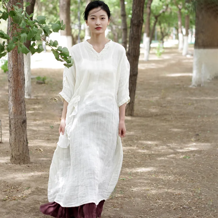 花枝秾秋季新品亚麻长袖连衣裙茶服禅意复古新中式连衣裙